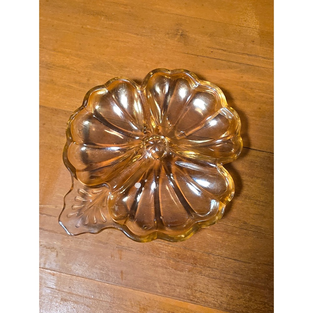 Vintage Amber Carnival Glass Flower Trinket Dish Marigold Iridescent Leaf Handle